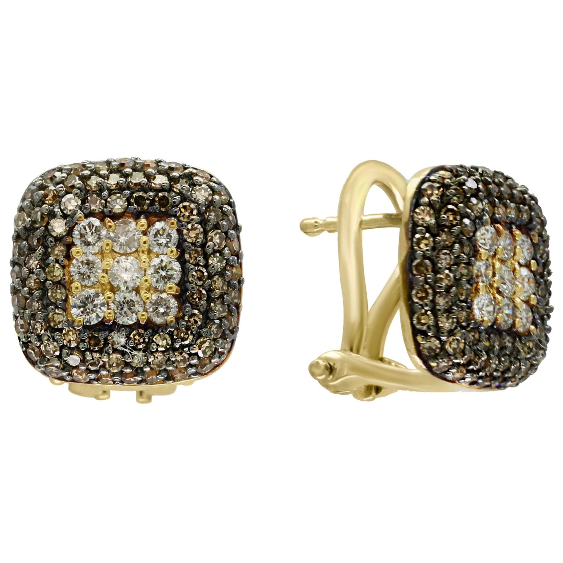 Designer Effy's Expresso Diamond and Diamond Stud Earrings 14 Karat Yellow Gold