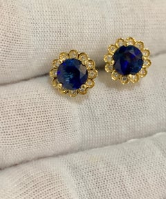 Designer Effy's Natural Diffused Ceylon Sapphire &Diamond Stud Earrings 14k Gold