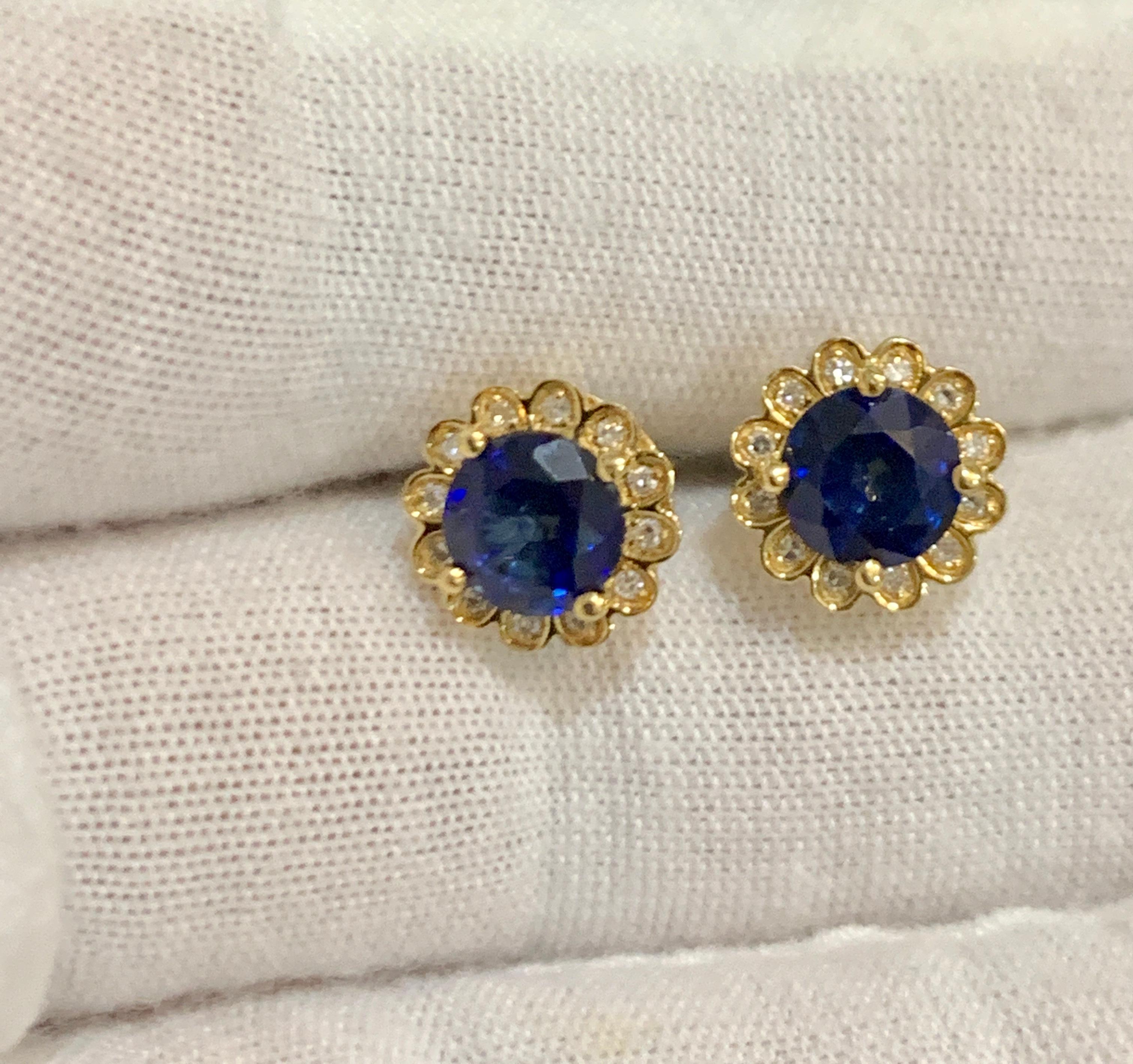 Round Cut Designer Effy's Natural Diffused Ceylon Sapphire &Diamond Stud Earrings 14k Gold