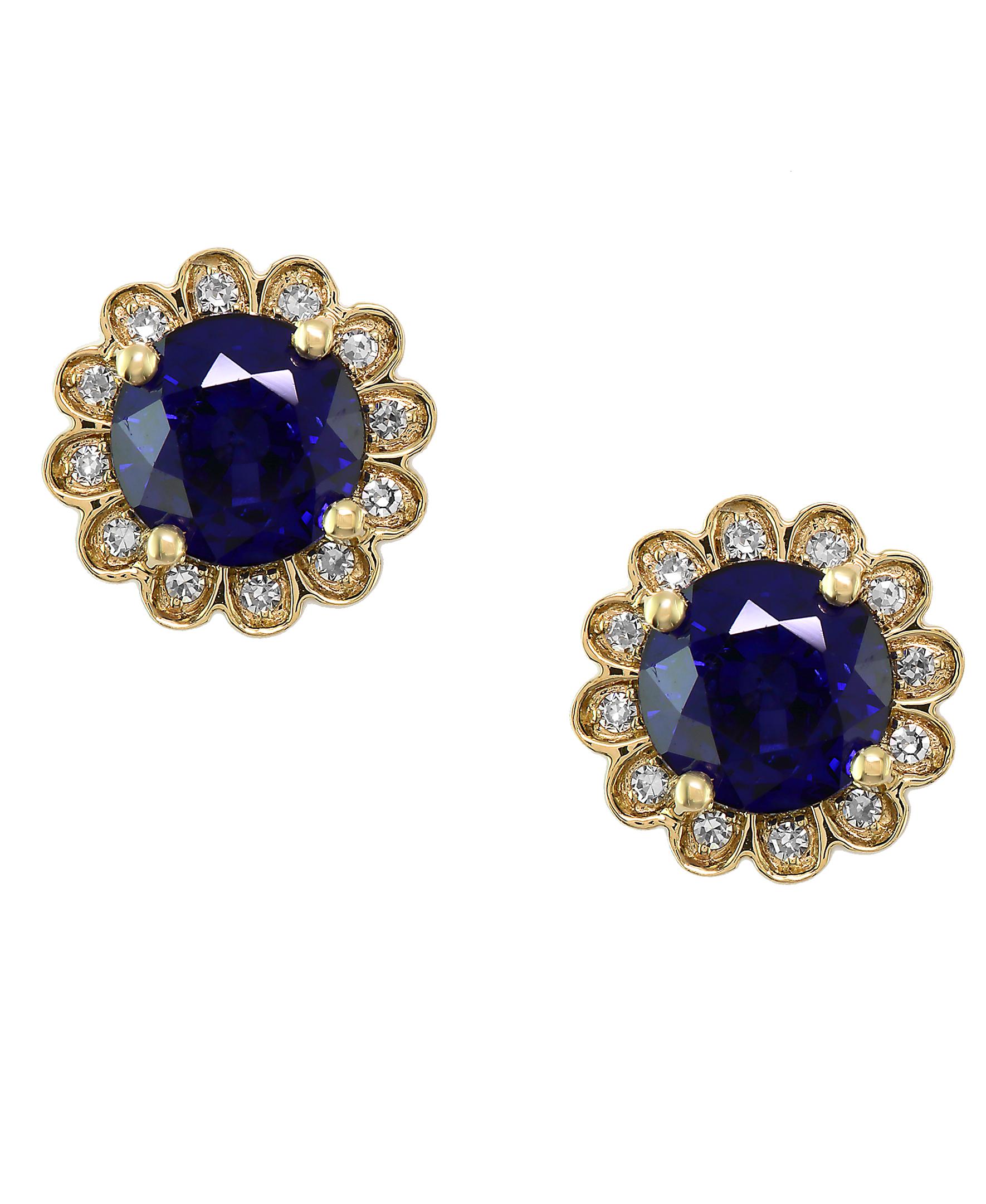 Designer Effy's Natural Diffused Ceylon Sapphire &Diamond Stud Earrings 14K Gold 2