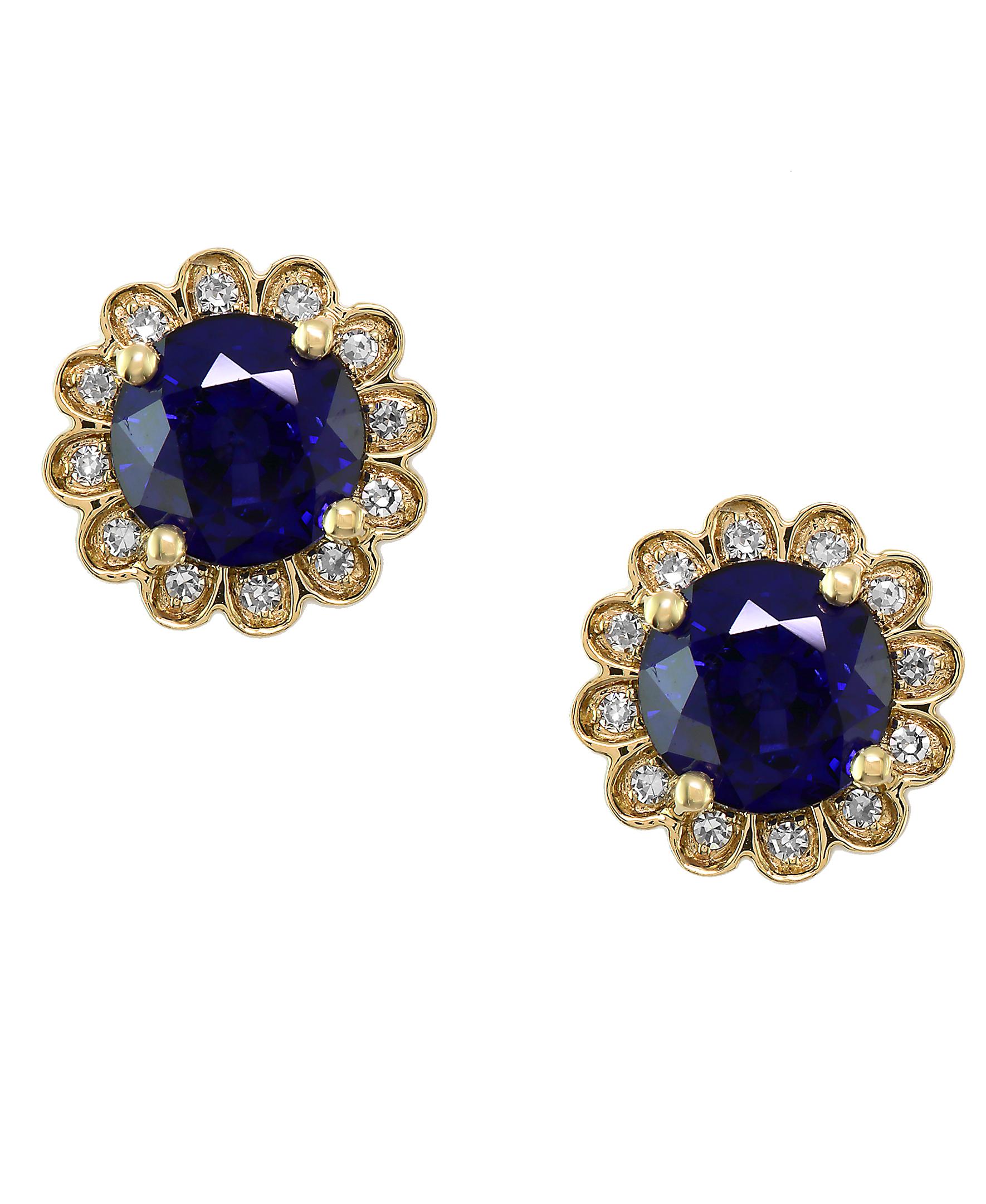 Designer Effy's Natural Diffused Ceylon Sapphire &Diamond Stud Earrings 14k Gold 2