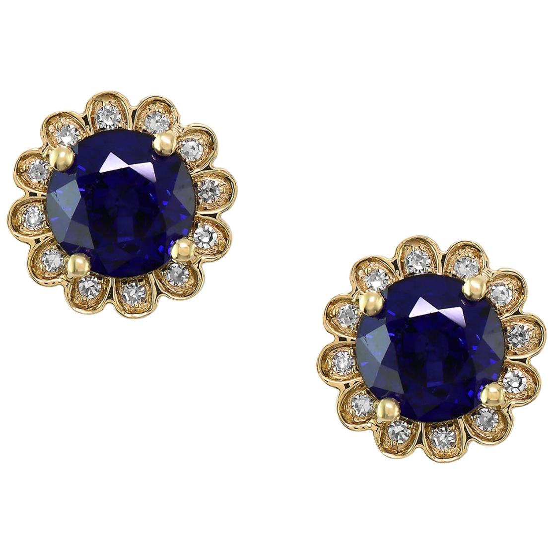 Designer Effy's Natural Diffused Ceylon Sapphire &Diamond Stud Earrings 14K Gold