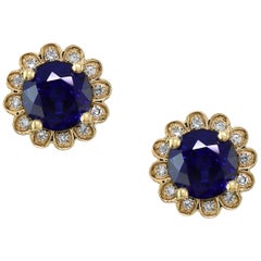 Designer Effy's Natural Diffused Ceylon Sapphire &Diamond Stud Earrings 14K Gold