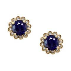 Designer Effy's Natural Diffused Ceylon Sapphire &Diamond Stud Earrings 14k Gold