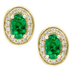 Designer Effy's Natural Oval Emerald & Diamond Stud Post Earrings 14 Karat Gold