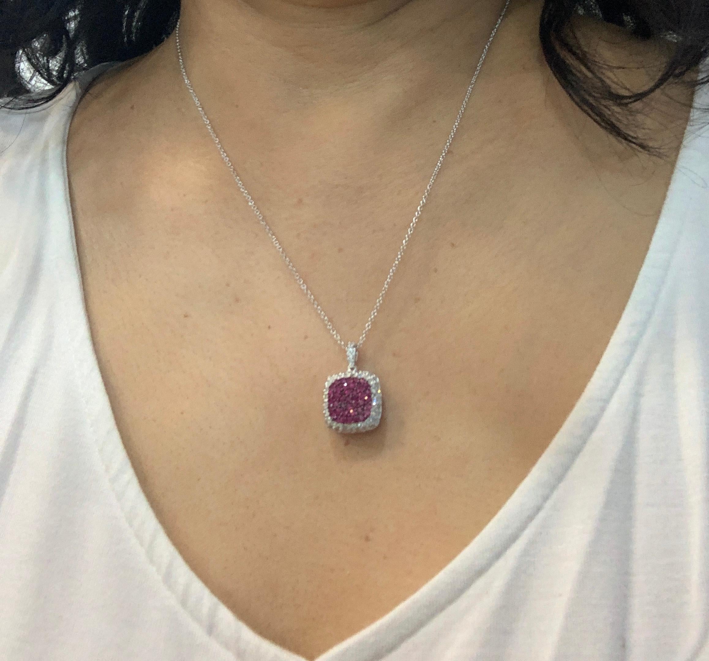 Round Cut Designer Effy's Natural Ruby and Diamond Pendant /Necklace 14 Karat Gold + Chain For Sale