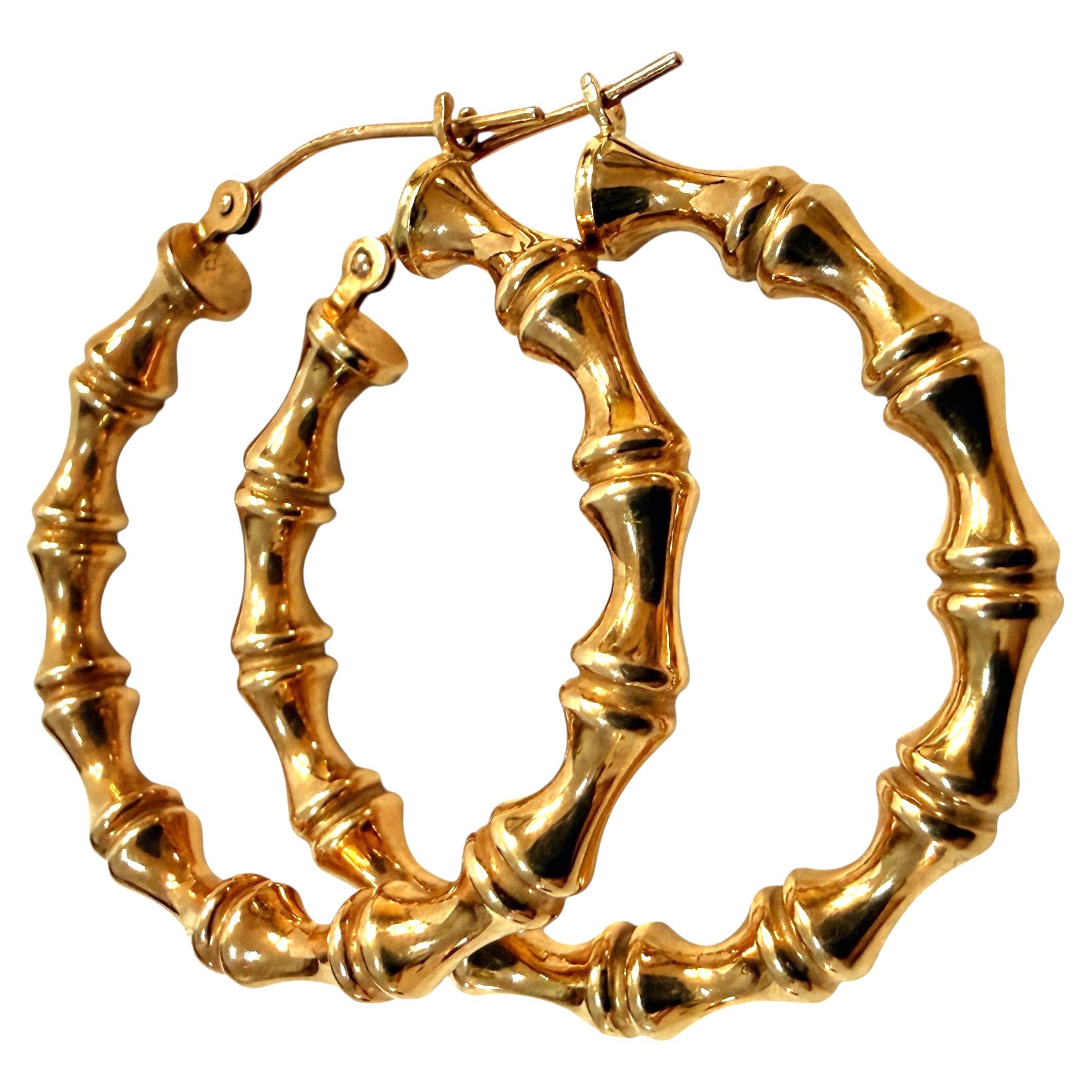 Designer EG 14K Yellow Gold Bamboo Hoop Earrings 1.13 Inches