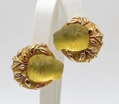 Designer Elizabeth Gage Carved Beryl Lion ClIp On Earrings 18k Gold Original Box