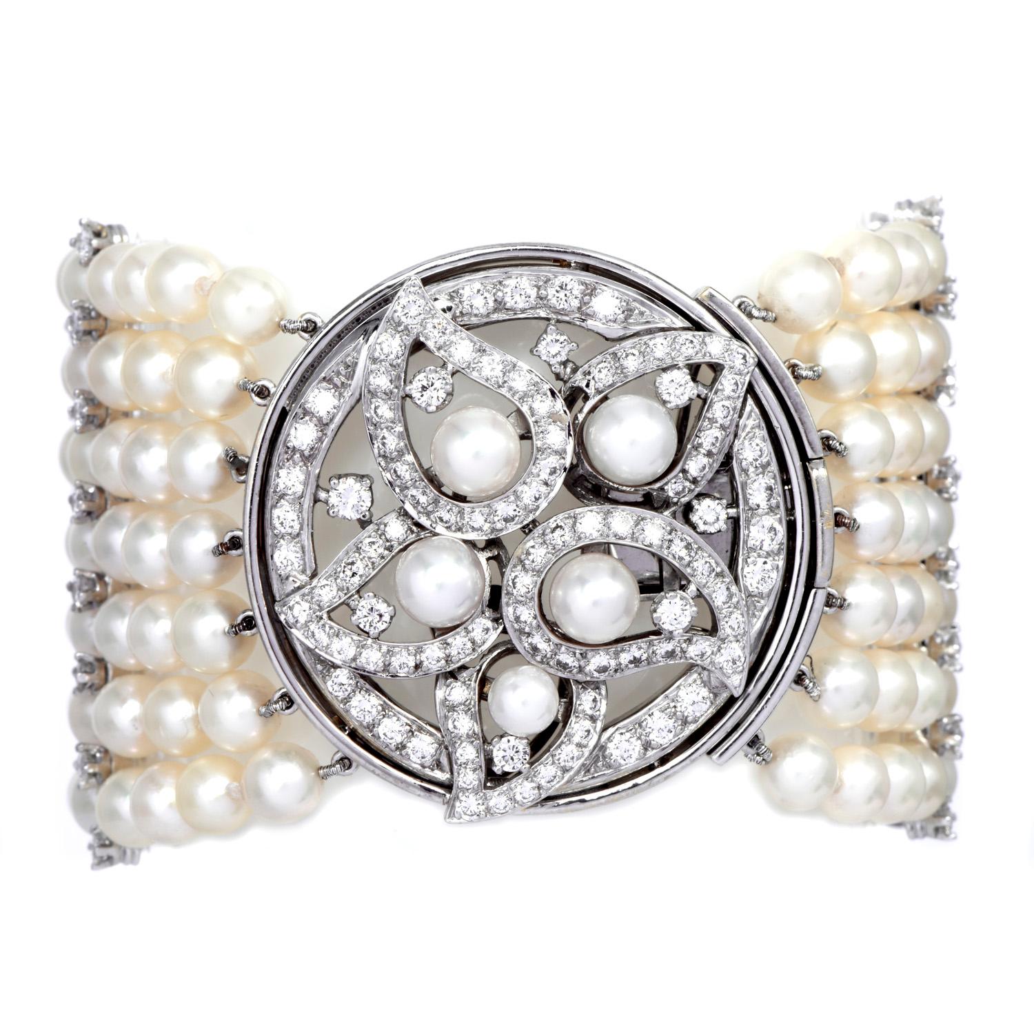 Designer Ella Gafter Diamant-Armband aus 18 Karat Gold mit breitem floralem Perlenstrang (Retro) im Angebot