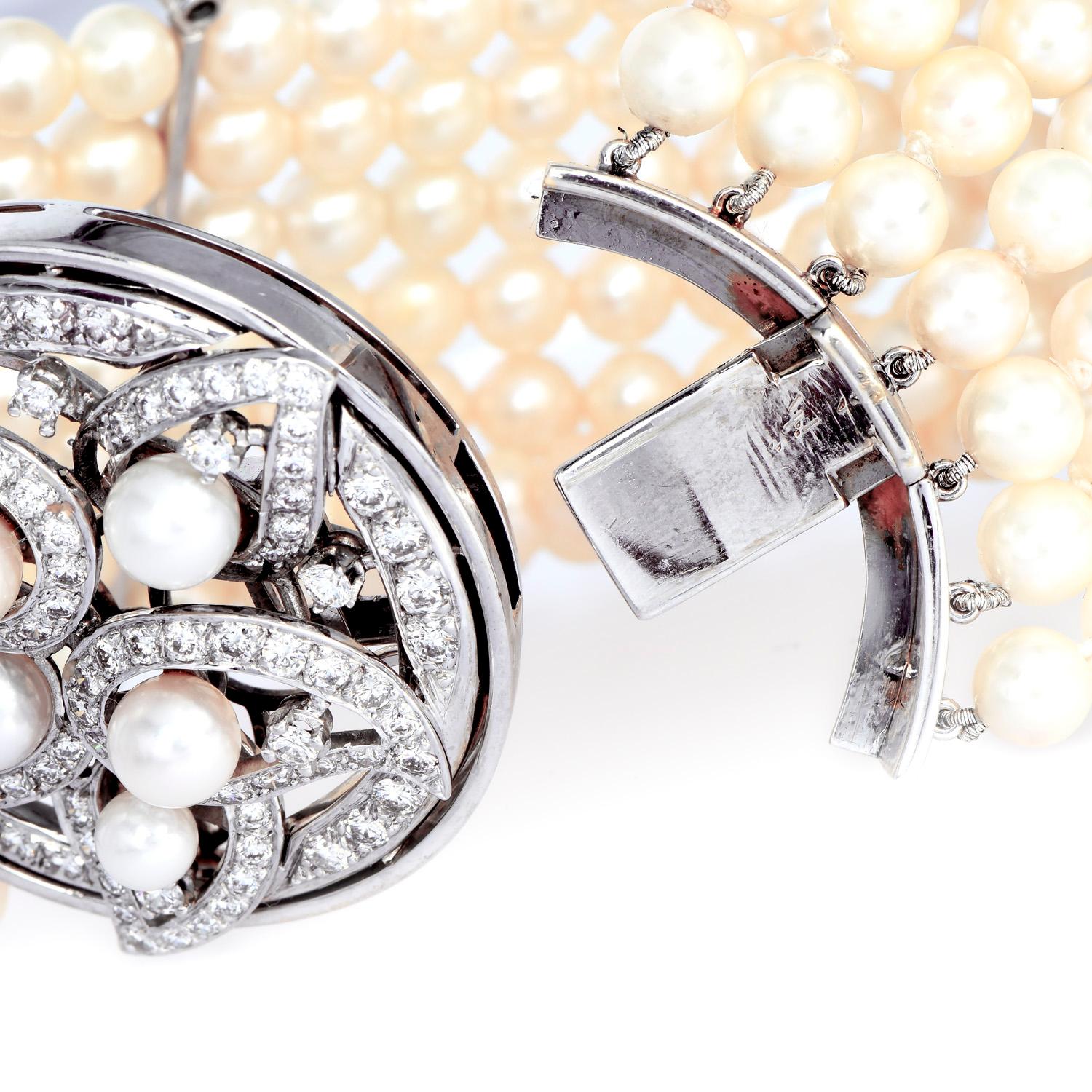 Retro Designer Ella Gafter Diamond 18K Gold Floral Wide Pearl Strand Bracelet For Sale