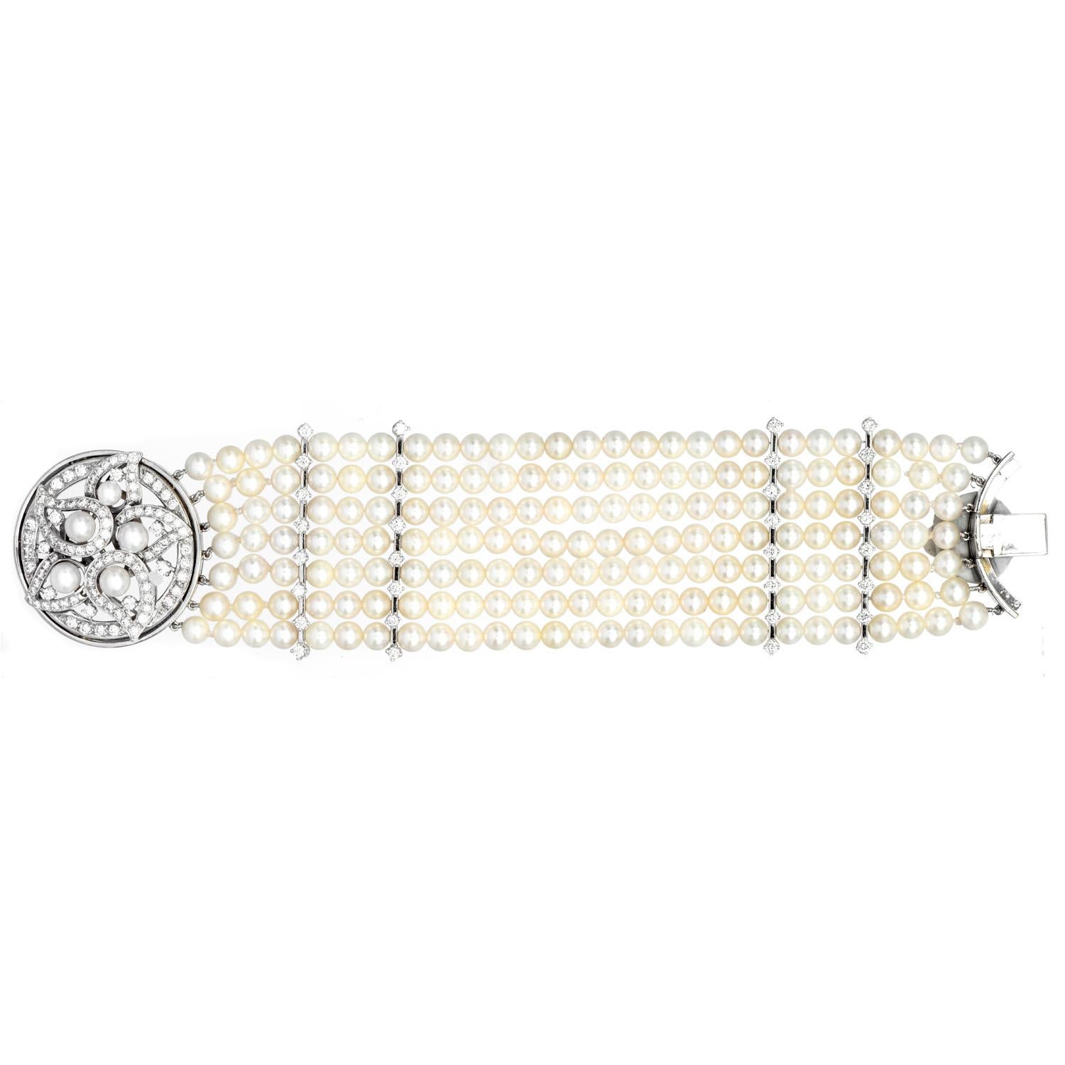 Round Cut Designer Ella Gafter Diamond 18K Gold Floral Wide Pearl Strand Bracelet For Sale
