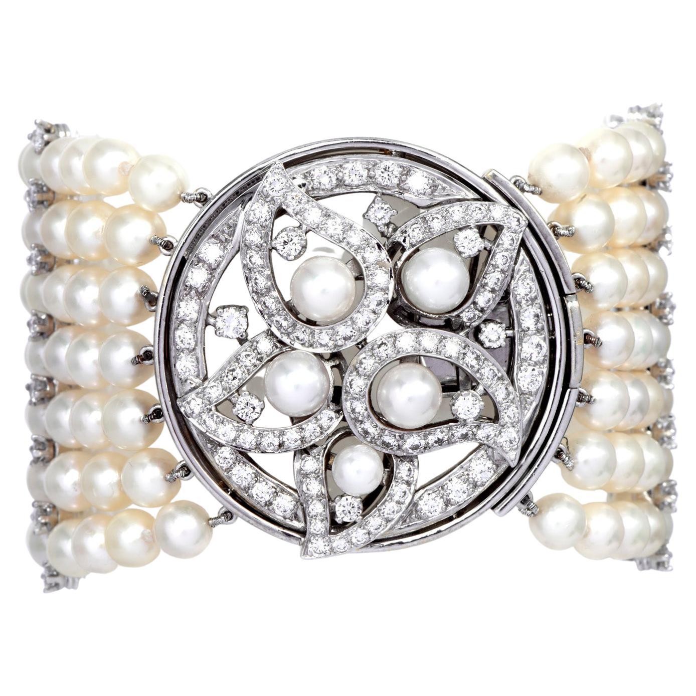 Designer Ella Gafter Diamond 18K Gold Floral Wide Pearl Strand Bracelet For Sale