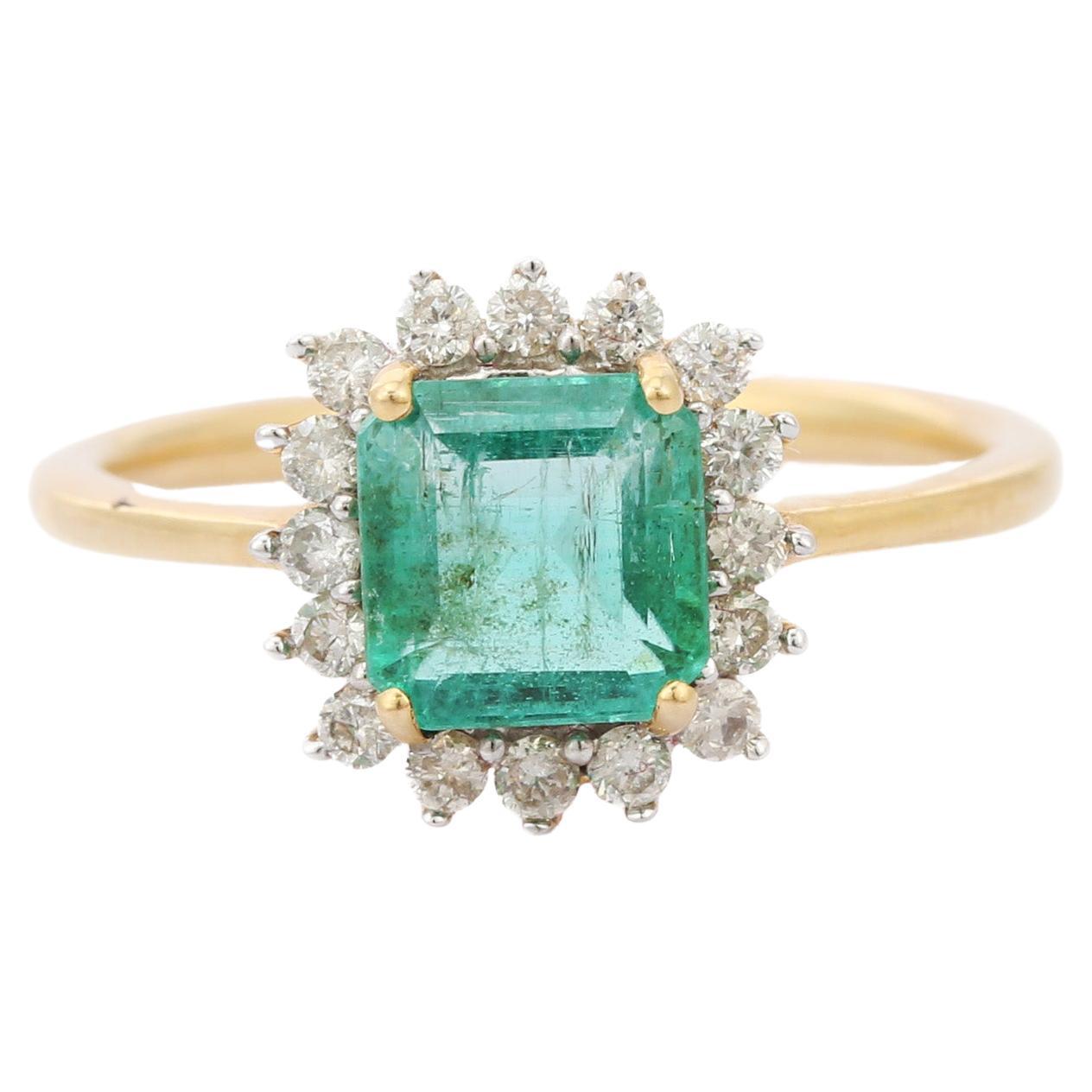 Designer-Brautring aus 18 Karat Gelbgold mit Smaragd und Diamant 