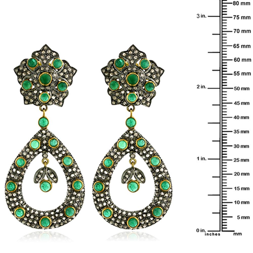 Contemporary Designer Emerald and Diamond Dangle Earring in Gold and Silver For Sale