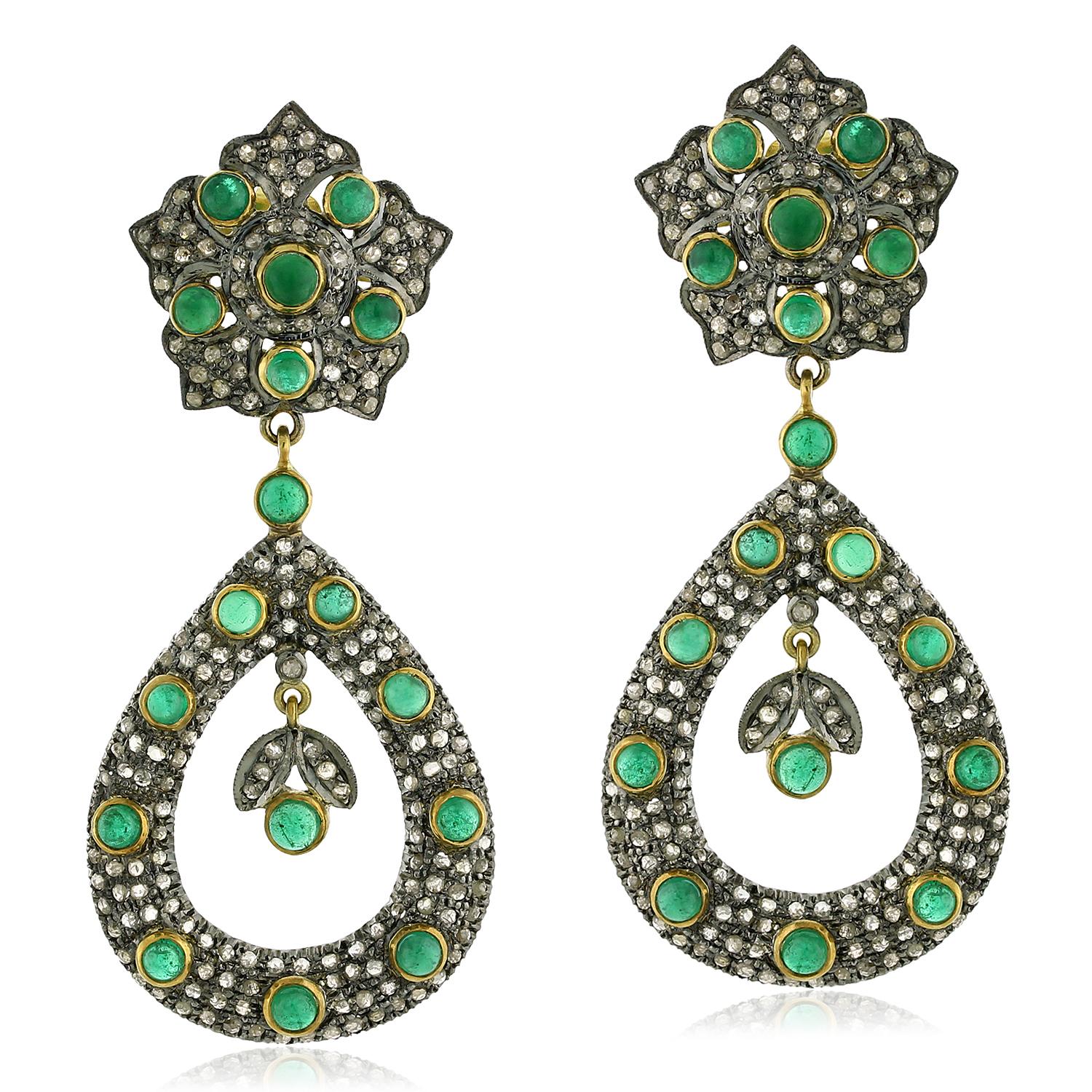 Round Cut Designer Emerald and Diamond Dangle Earring in Gold and Silver For Sale