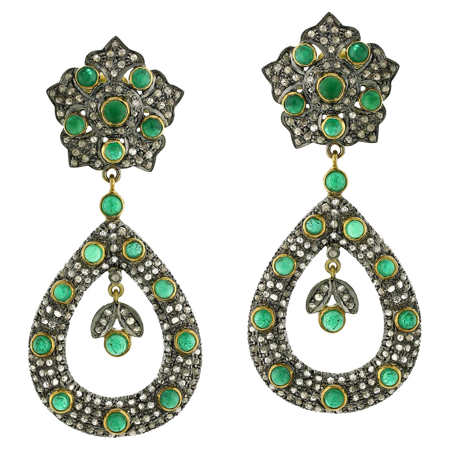 Designer Emerald and Diamond Dangle Earring in Gold and Silver For Sale