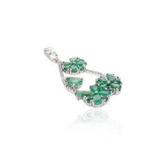 Designer Emerald and Diamond Flower .925 Sterling Silver Wedding Pendant