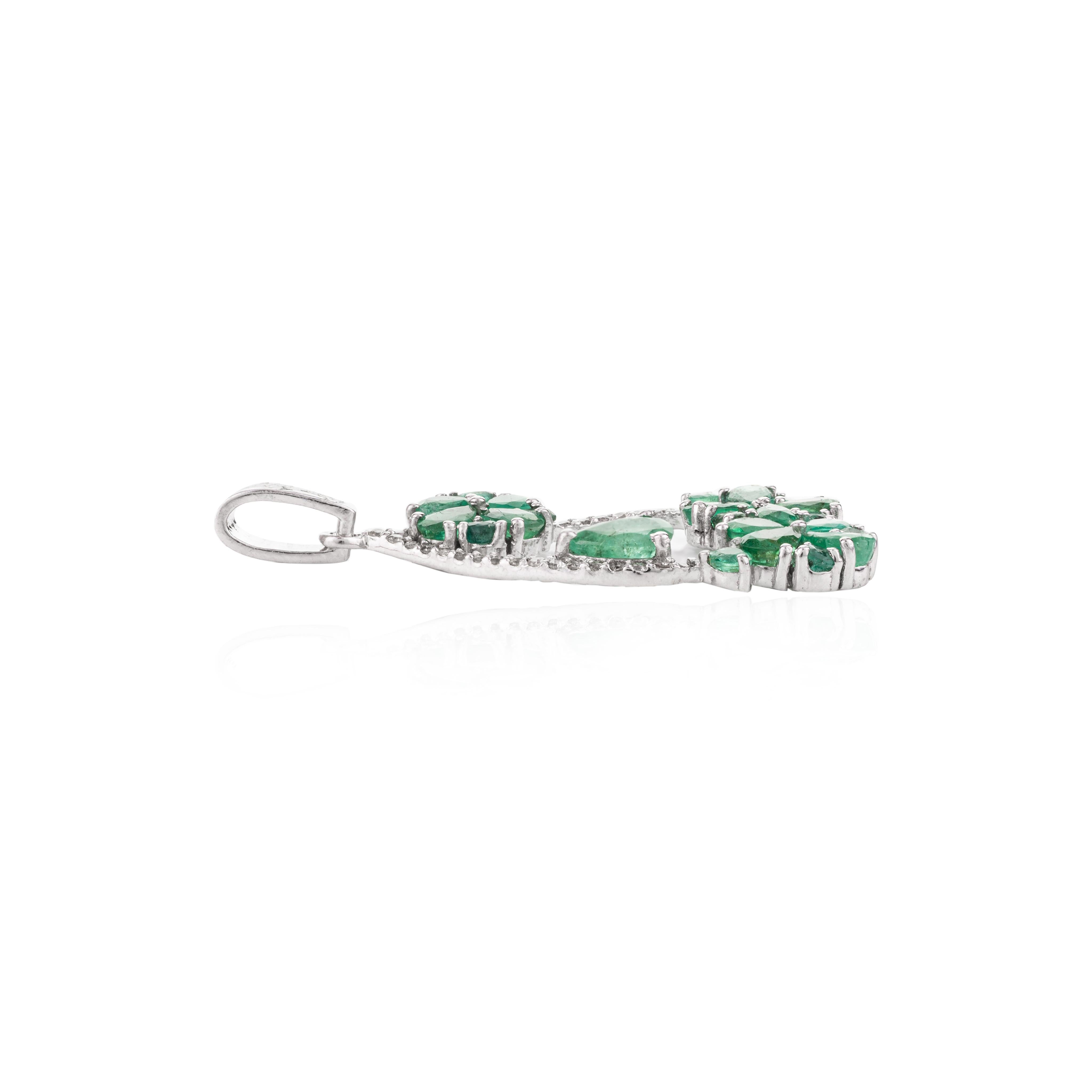 Art Nouveau Designer Emerald and Diamond Flower .925 Sterling Silver Wedding Pendant For Sale