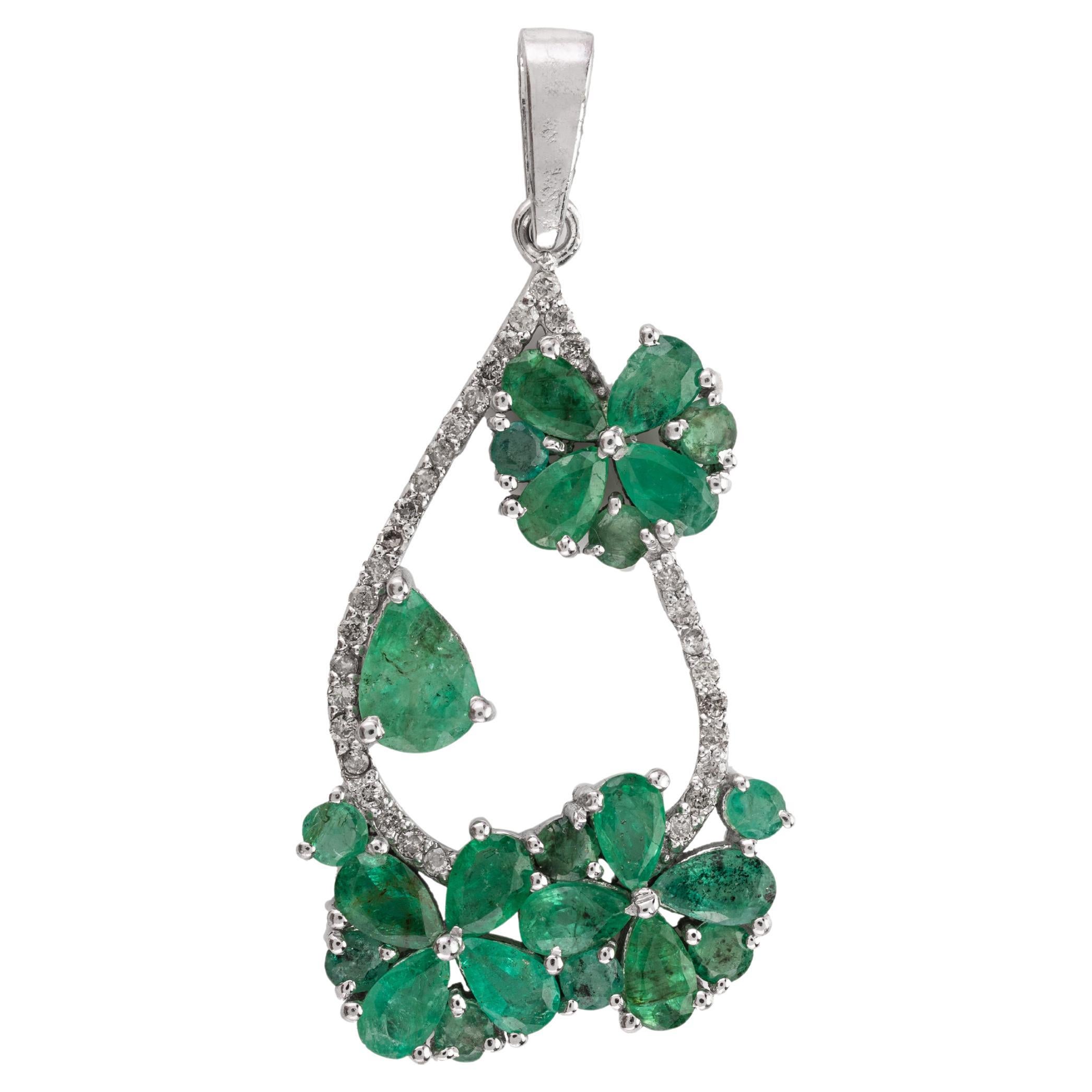 Designer Emerald and Diamond Flower .925 Sterling Silver Wedding Pendant For Sale