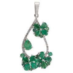 Designer Emerald and Diamond Flower .925 Sterling Silver Wedding Pendant