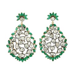 Designer Emerald and Rosecut Diamond Dangle Earring in 18K Gold and Silver