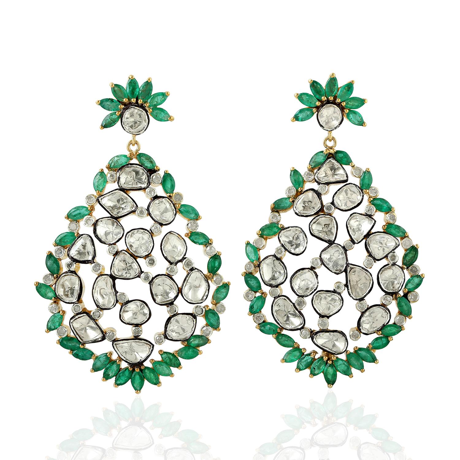 Rose Cut Designer Emerald and Rosecut Diamond Dangle Earring in 18K Gold and Silver