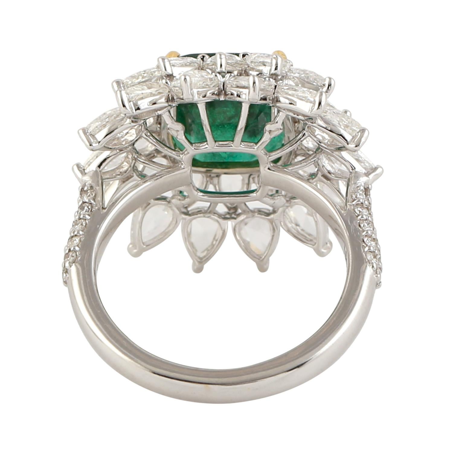Emerald Cut Designer Emerald and White Diamond Ring in 18K white Gold