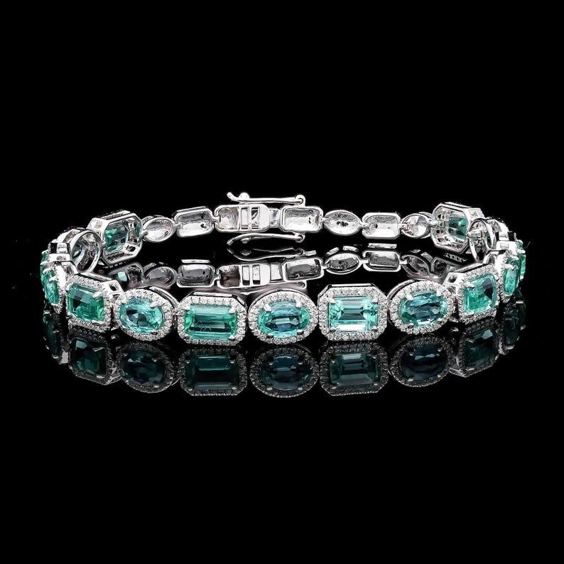 Contemporary Natural Emerald Diamond Bracelet 18k White Gold Jewelry, Natural Gemstone Stack