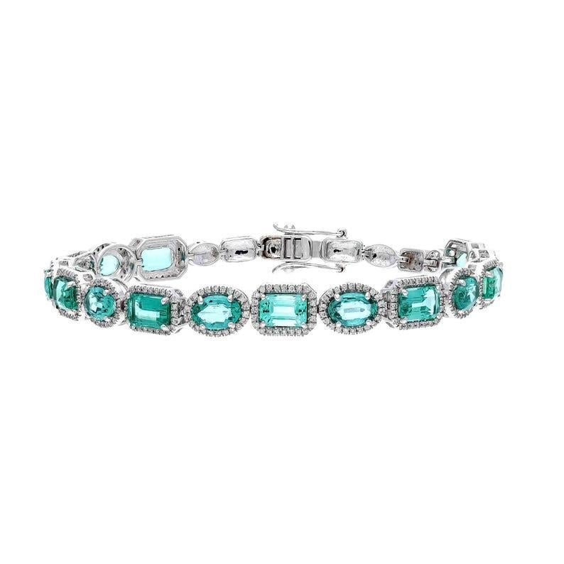 Women's Natural Emerald Diamond Bracelet 18k White Gold Jewelry, Natural Gemstone Stack
