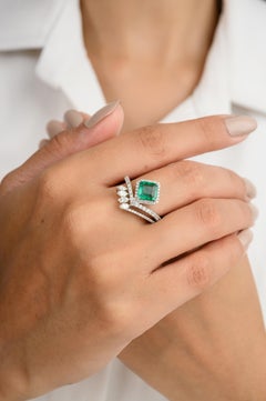Designer Emerald Diamond Chevron Engagement Ring for Her in 18k Solid White Gold