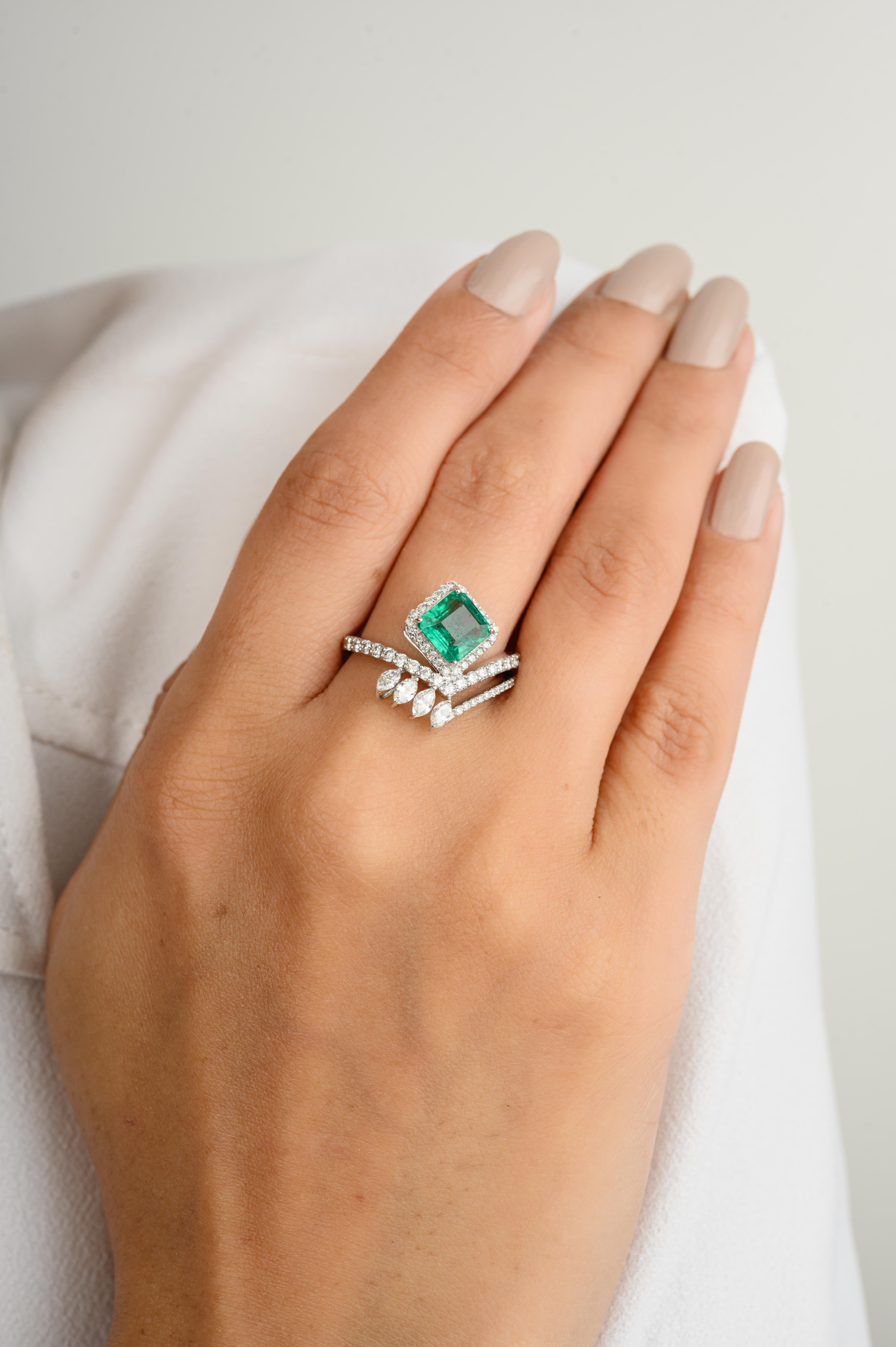 For Sale:  Designer Emerald Diamond Chevron Engagement Ring for Her in 18k Solid White Gold 4