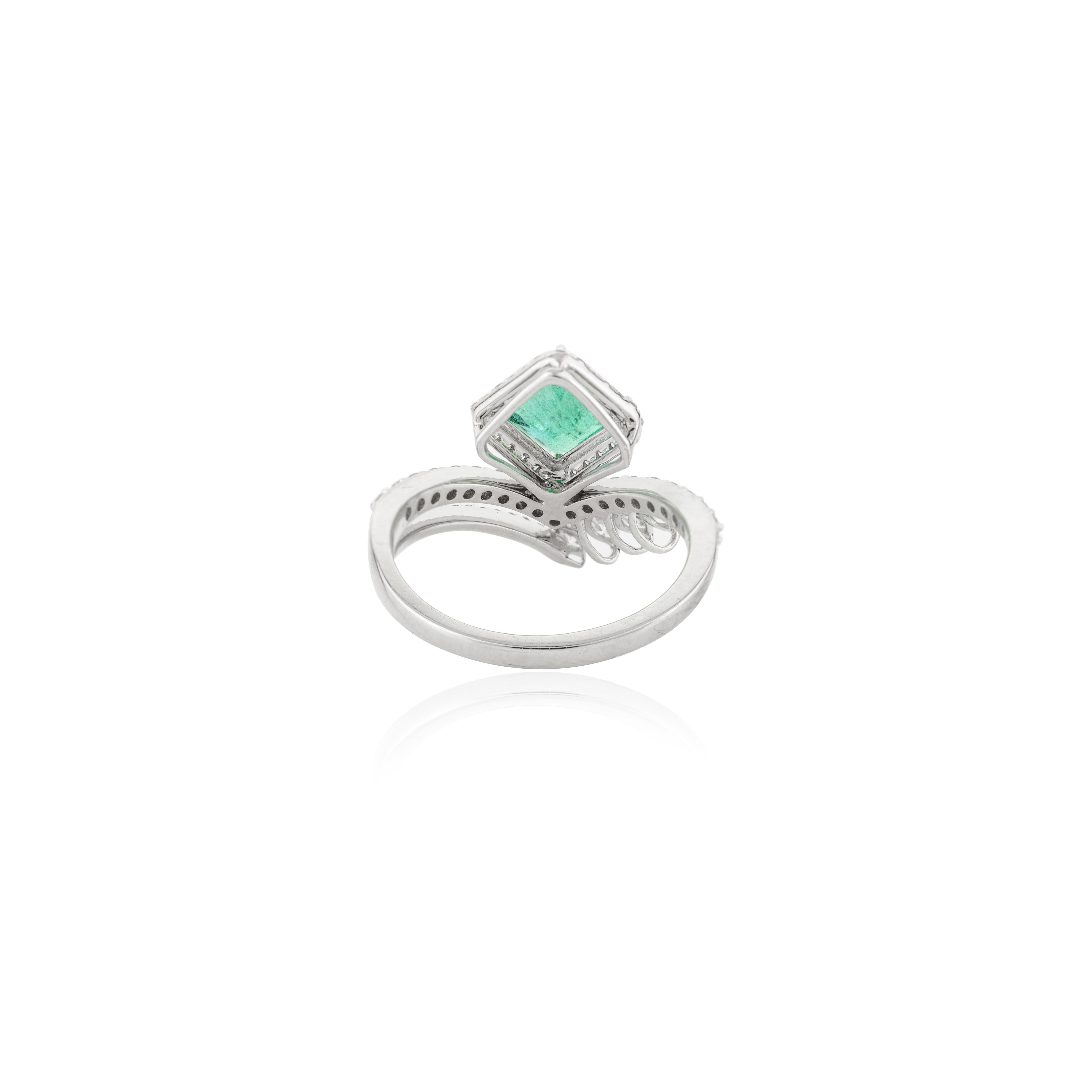 For Sale:  Designer Emerald Diamond Chevron Engagement Ring for Her in 18k Solid White Gold 5