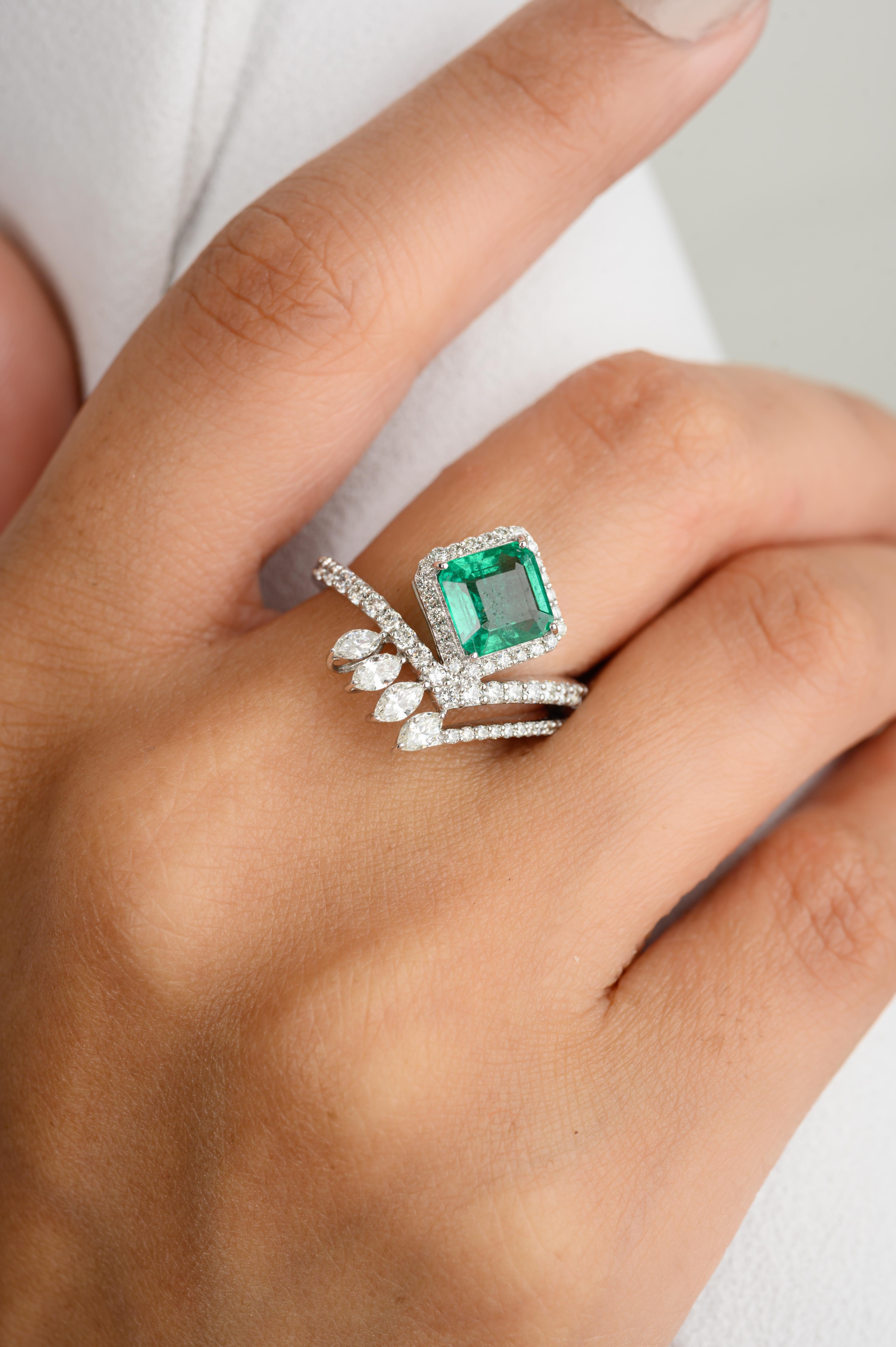 For Sale:  Designer Emerald Diamond Chevron Engagement Ring for Her in 18k Solid White Gold 6