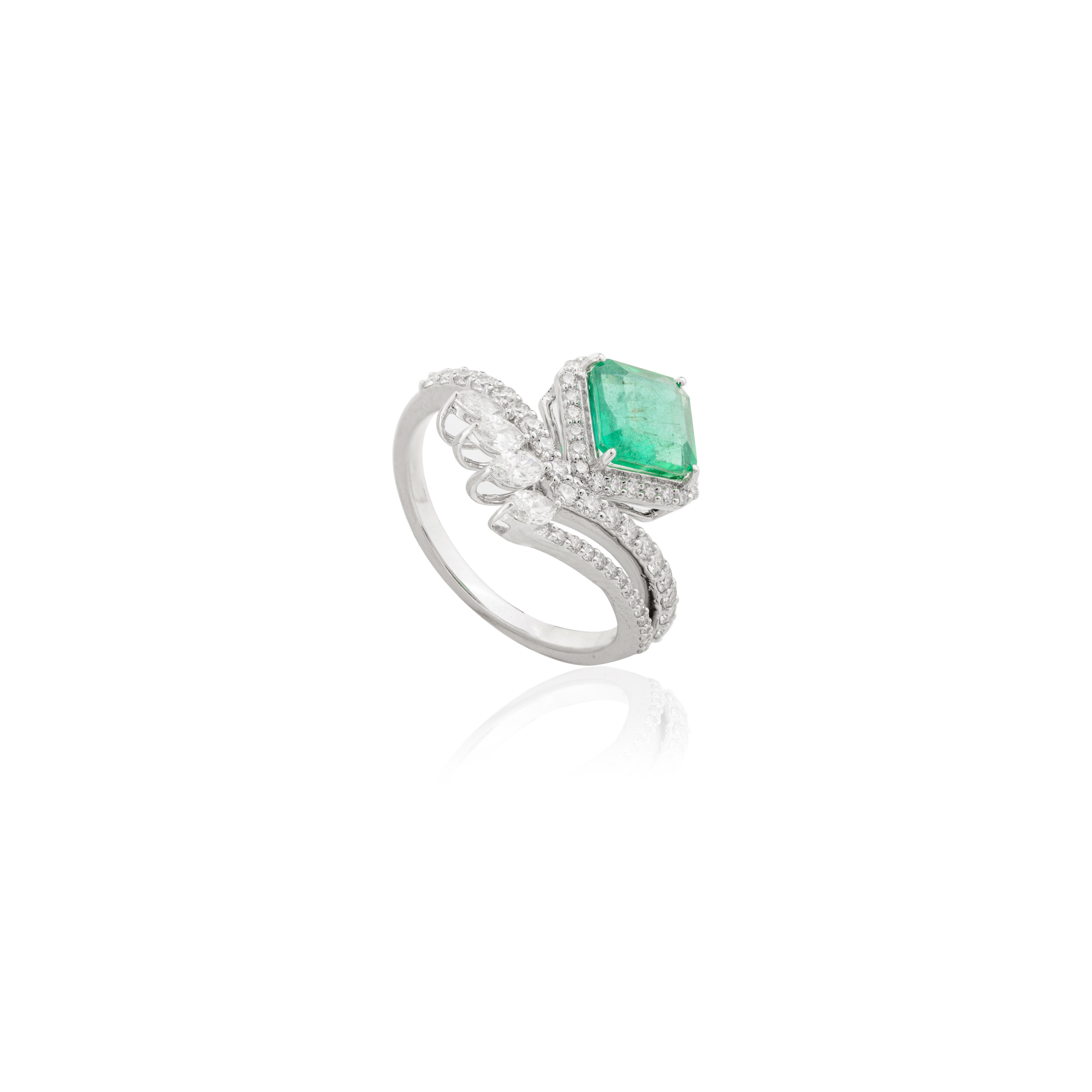 For Sale:  Designer Emerald Diamond Chevron Engagement Ring for Her in 18k Solid White Gold 7