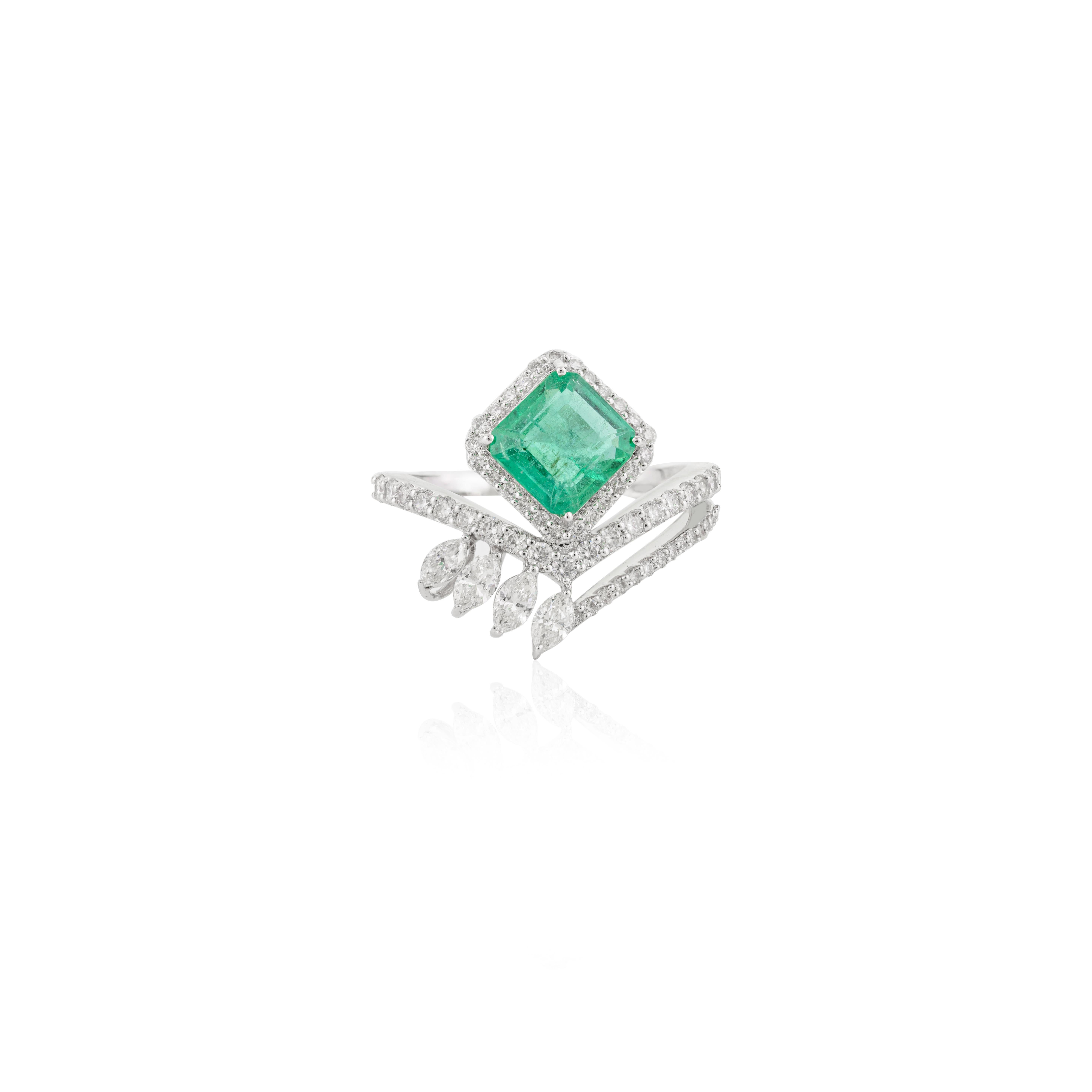 For Sale:  Designer Emerald Diamond Chevron Engagement Ring for Her in 18k Solid White Gold 8