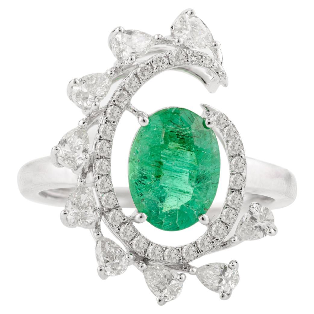 Anillo de cóctel para mujer con diamante esmeralda de diseño en oro blanco macizo de 18k Regalo