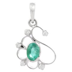 Emerald and Diamond Pendant in 18K White Gold, Emerald Pendant
