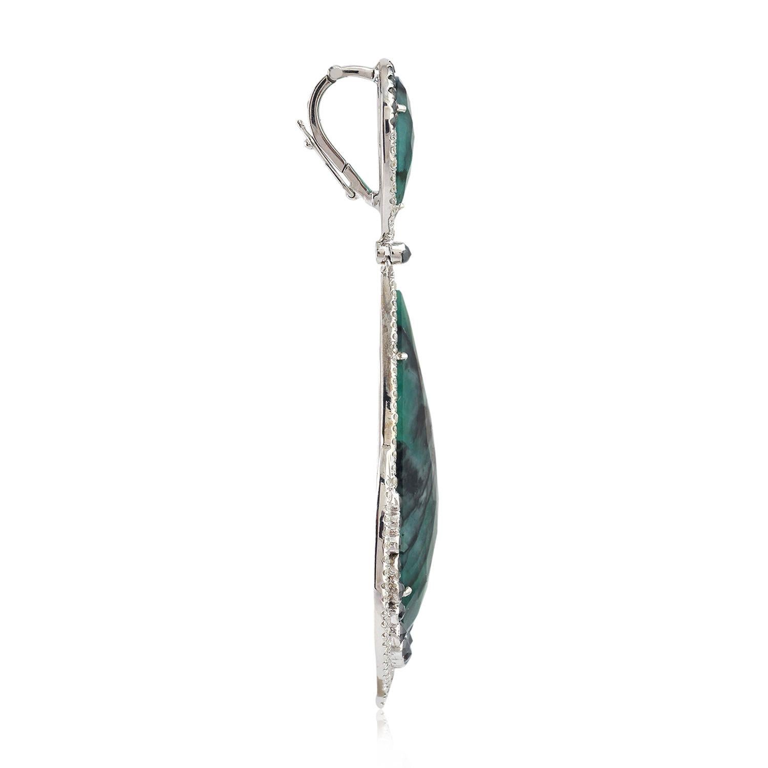 Art Deco Pear Shaped Emerald Pendant With Pave Diamonds In 18k White Gold For Sale
