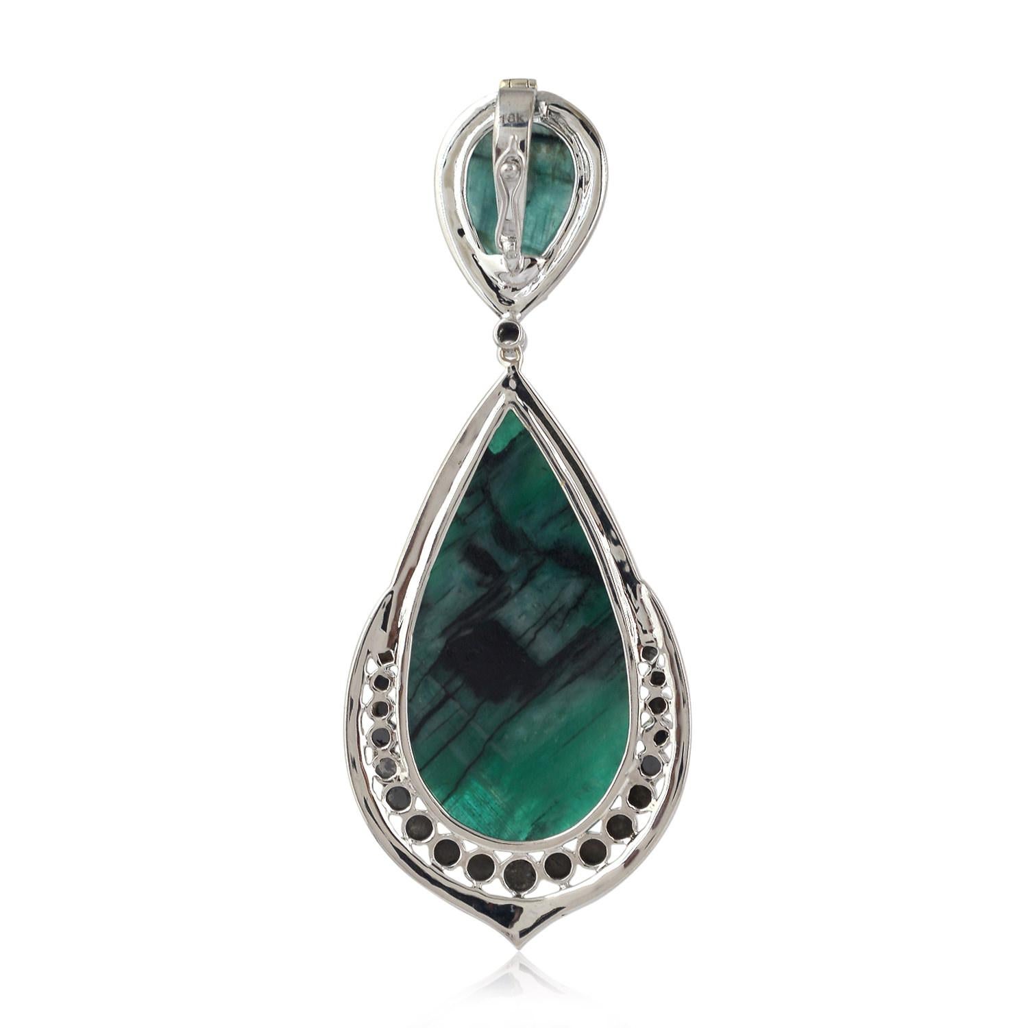 Mixed Cut Pear Shaped Emerald Pendant With Pave Diamonds In 18k White Gold For Sale