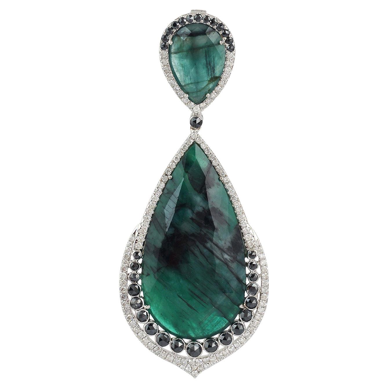Pear Shaped Emerald Pendant With Pave Diamonds In 18k White Gold For Sale
