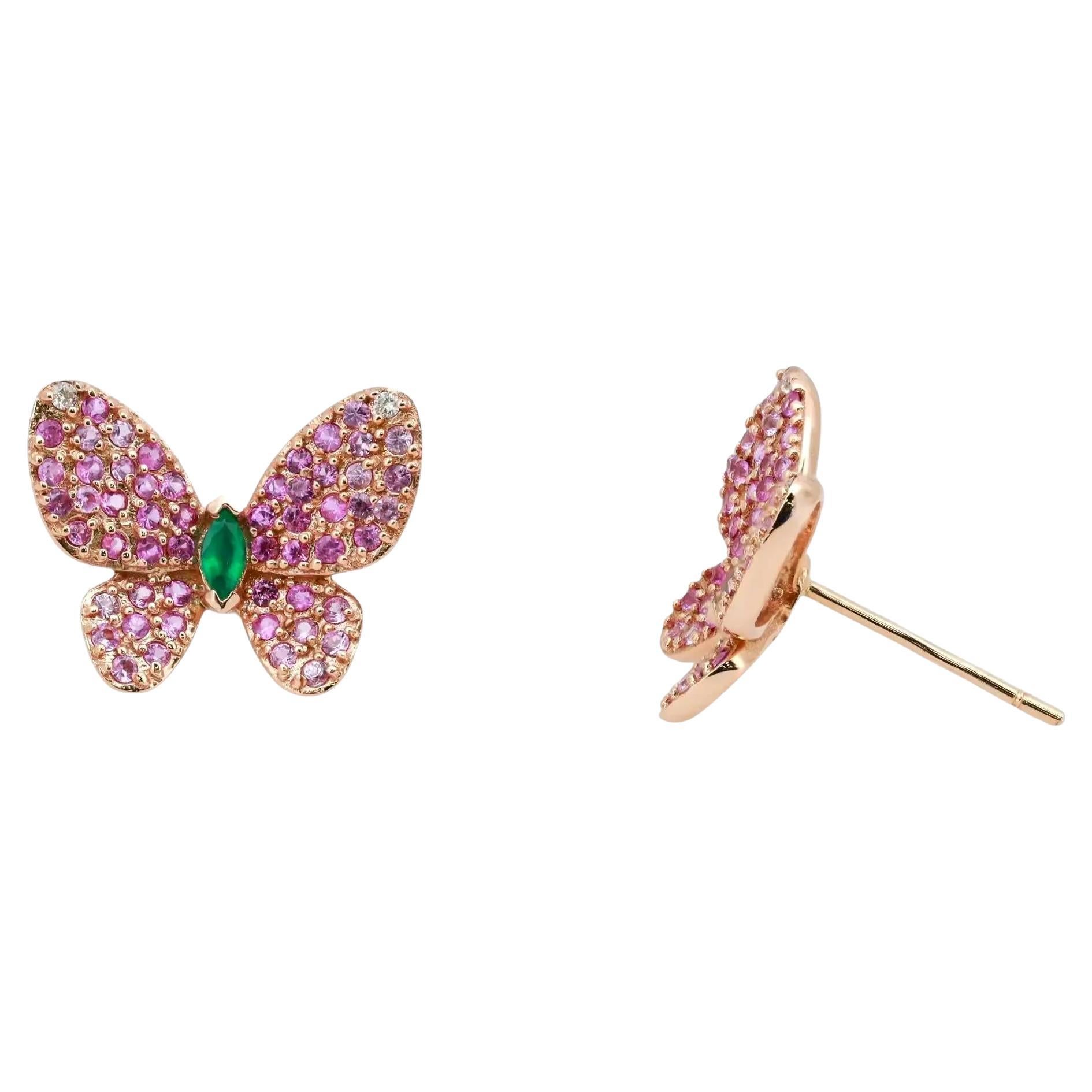 Designer Emerald & Pink Sapphire Butterfly Stud Earrings 18K Rose Gold