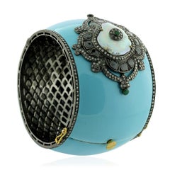 Designer Turquoise Enamel Cuff With Emerald, Pearl and Pave Diamond
