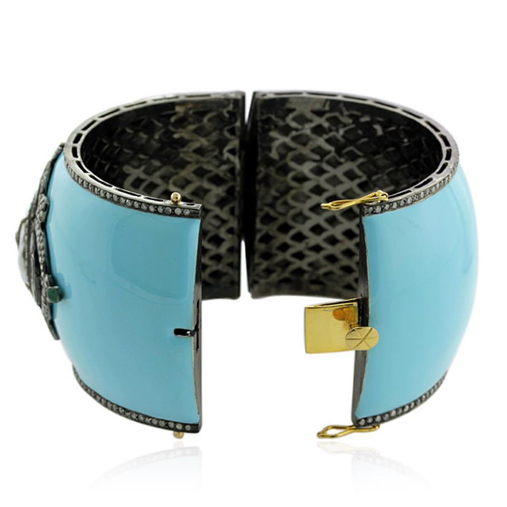 Modern Designer Turquoise Enamel Cuff With Emerald, Pearl and Pave Diamond For Sale