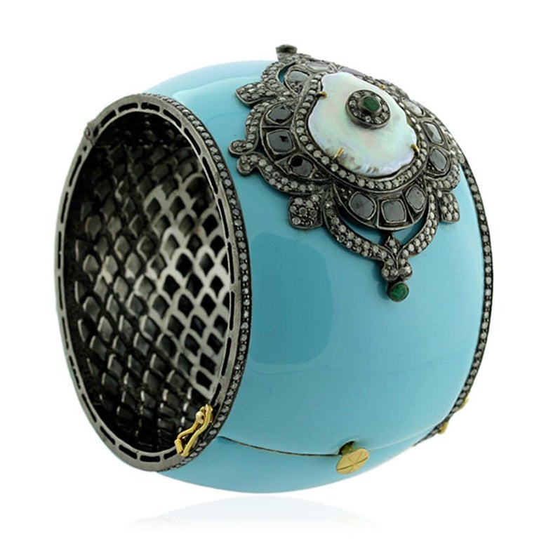Designer Turquoise Enamel Cuff With Emerald, Pearl and Pave Diamond For ...