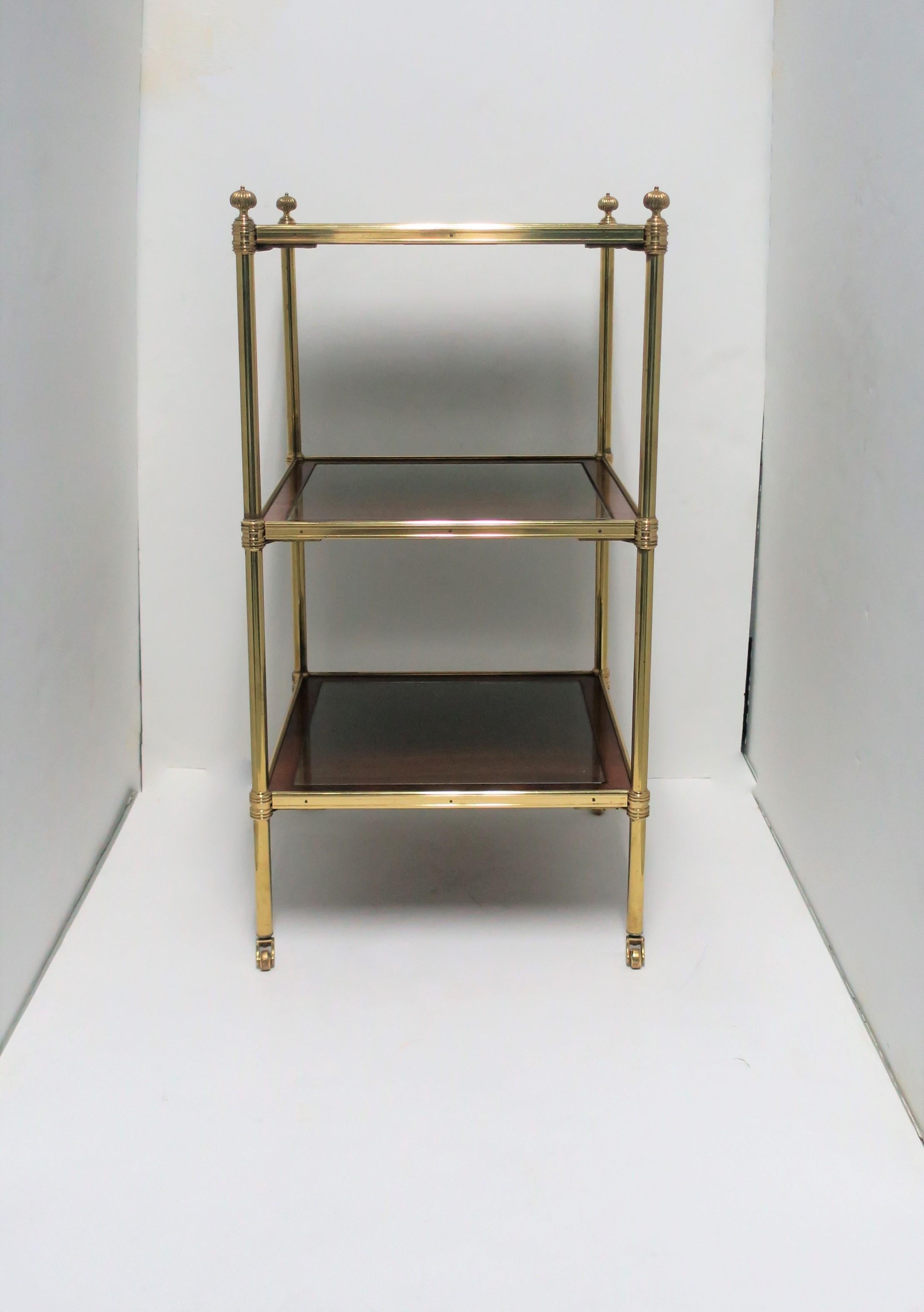 Late 20th Century Designer English Regency Brass Glass Mahogany Table Shelves by William Tillman