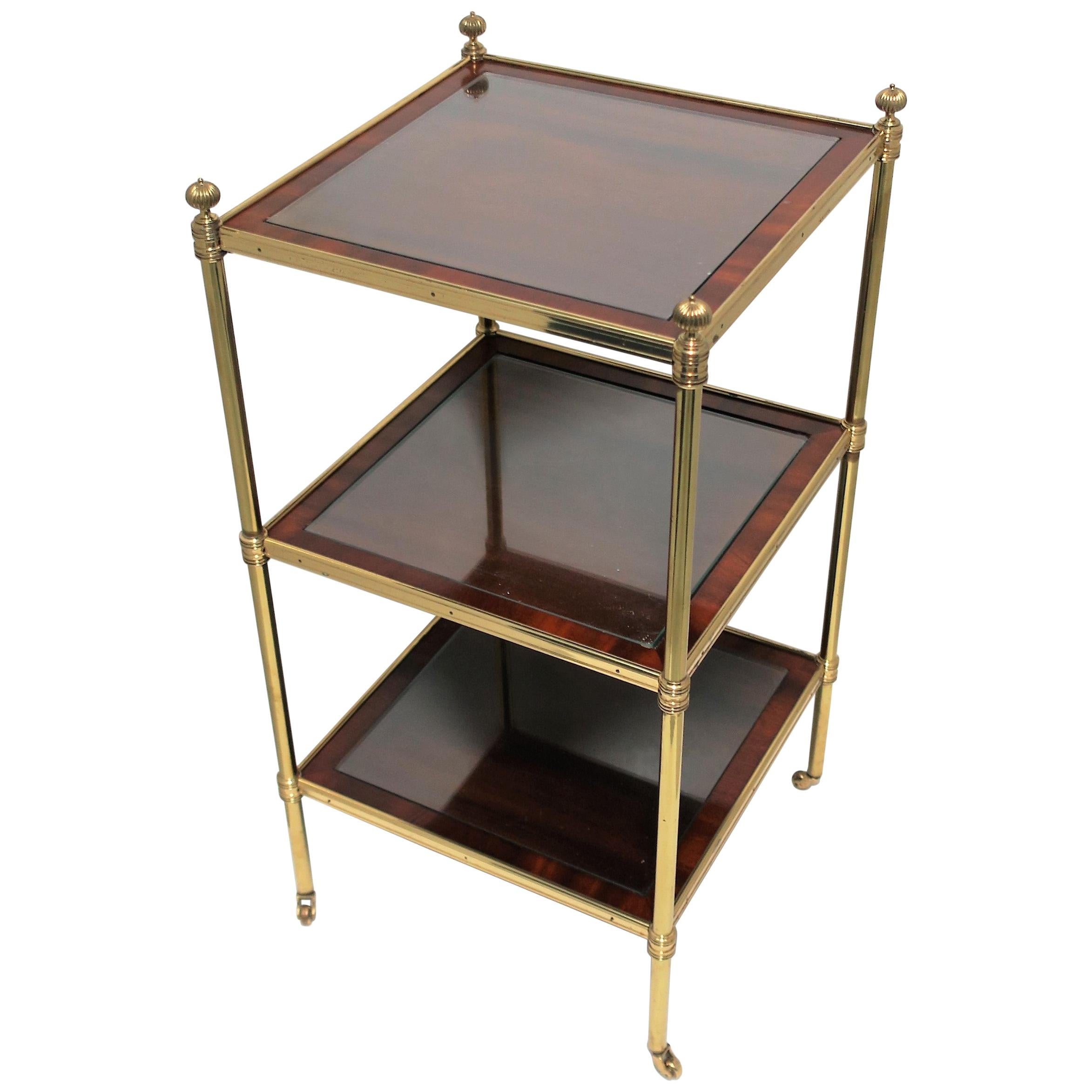 Designer English Regency Brass Glass Mahogany Table Shelves by William Tillman