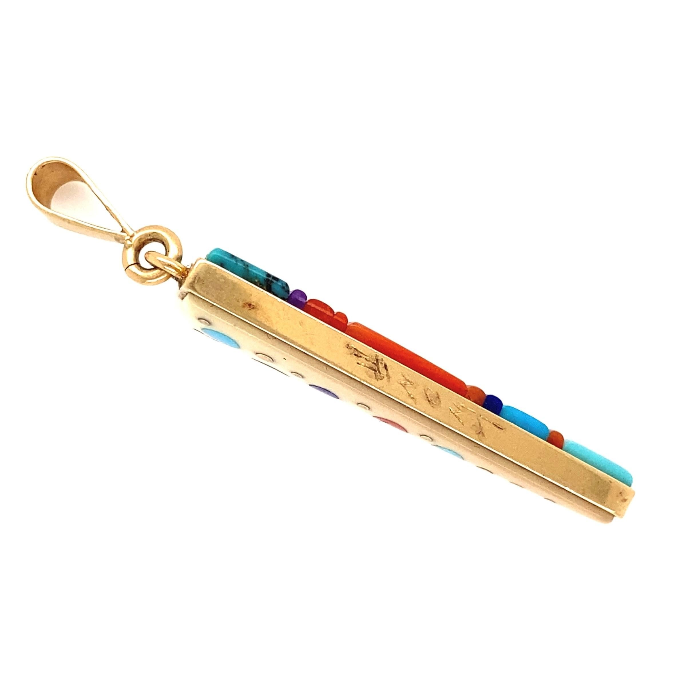 Beautiful Designer Super High Quality Double Sided Custom Inlay Gemstone 14K yellow Gold Pendant Necklace by famous artist Ervin Tsosie. Hand crafted inlay with Turquoise, Coral, Sugilite and Bone. Measuring approx.  2