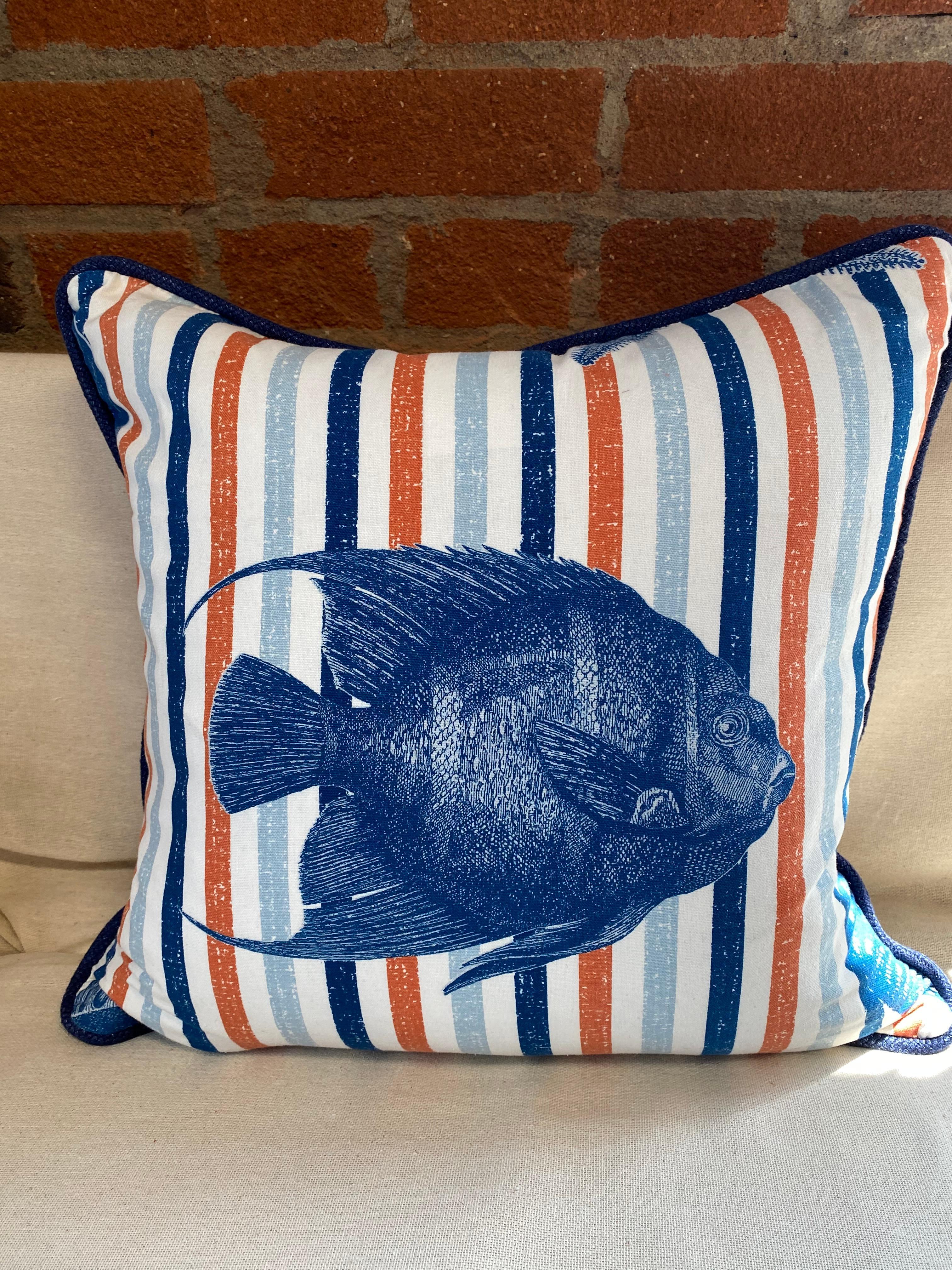 American Summer Accent Cobalt and Orange Cotton Baja Fish Pillow  For Sale