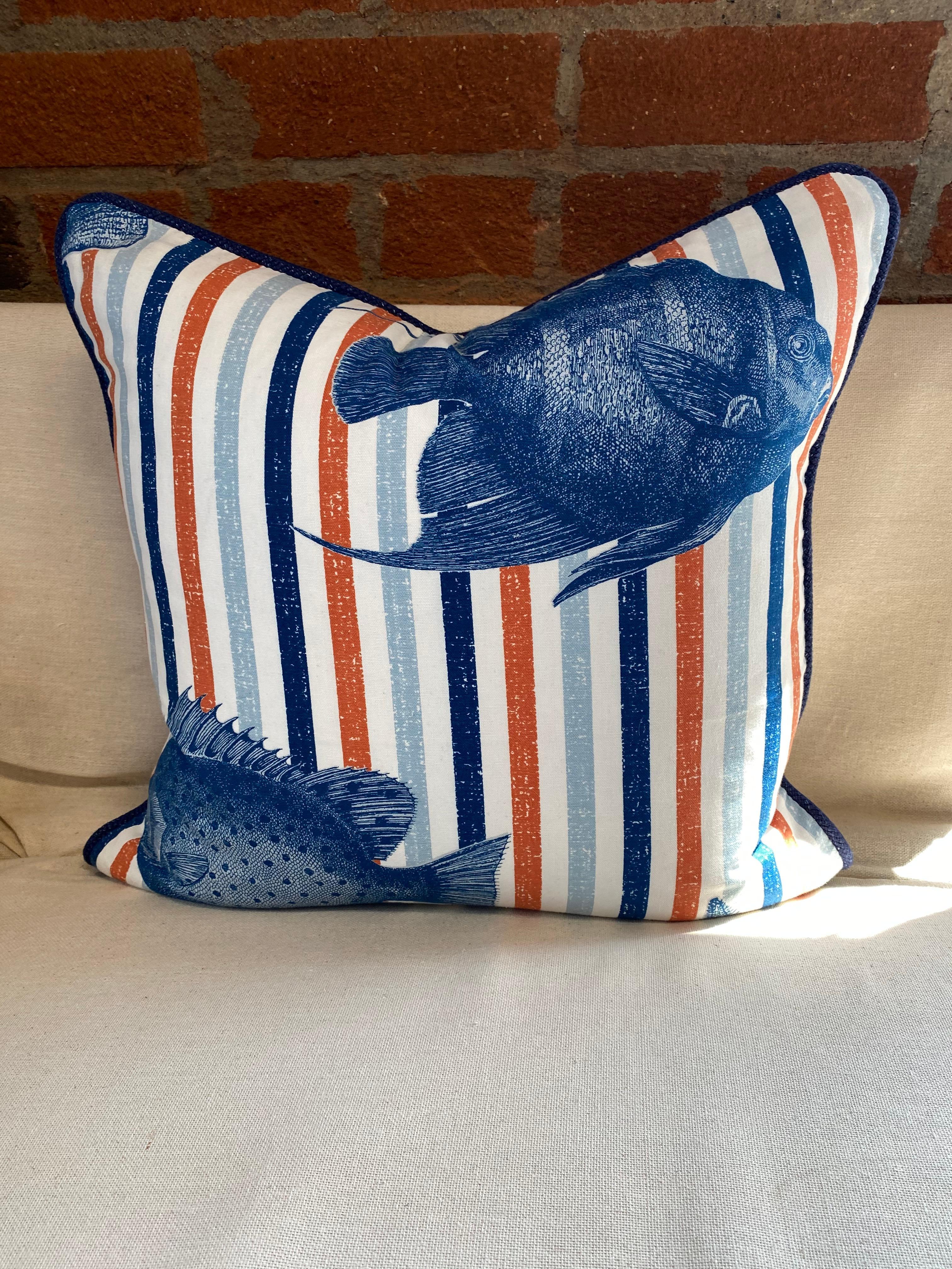 Summer Accent Cobalt and Orange Cotton Baja Fish Pillow  In New Condition For Sale In Englewood, CO