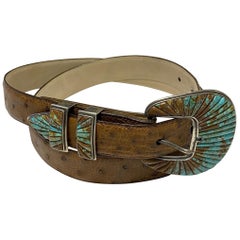 Designer Fabulous Turquoise Inlay Sterling Silver Buckle and Leather Belt 